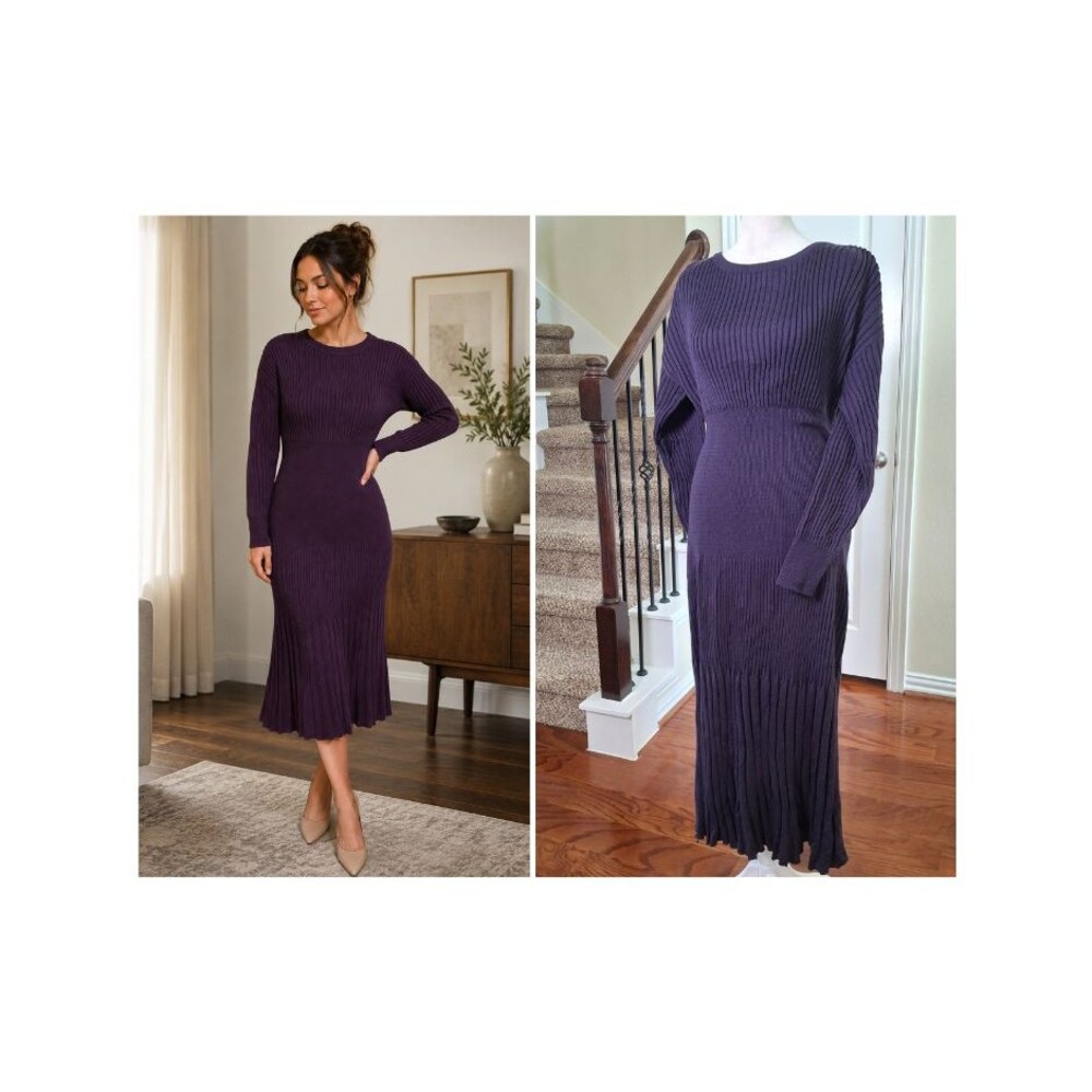 Carole Little Long Sweater Dress Purple Women S Fit Flare Mixed Knit Old Money